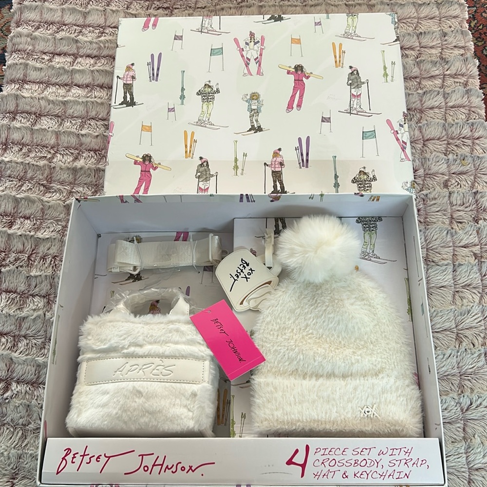 Betsey Johnson 4 piece set Hat, Cross Body bag strap and key chain
